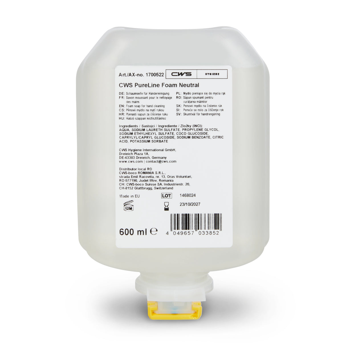 CWS PureLine Foam Neutral bottle of 600ml, pack of 8