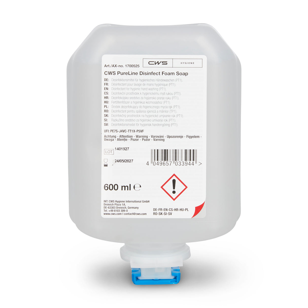 CWS PureLine Disinfect Foam bottle of 600ml, pack of 8