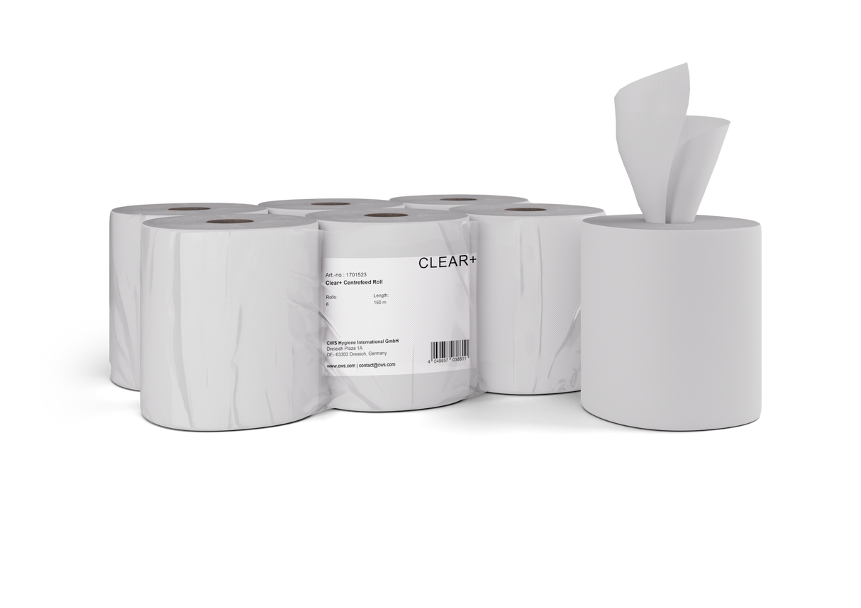 Clear+ Centrefeed paper rolls, 2 ply 160m, 6 rolls