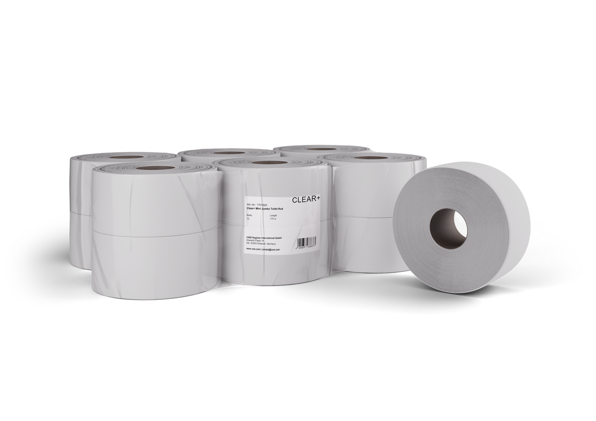 Clear+ Toilettenpapier Mini Jumbo-Rollen, 2-lagig, 175m, 12 Rollen