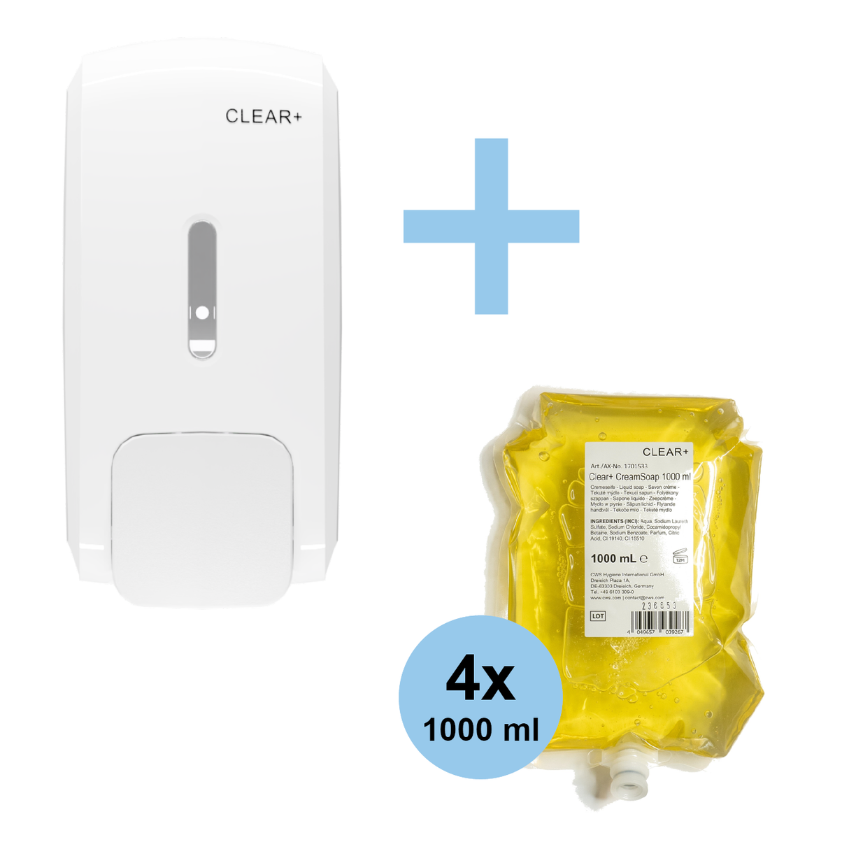 Clear+ Aktionsset Cremeseife | Seifenspender & 4x Cremeseife (je 1.000 ml)