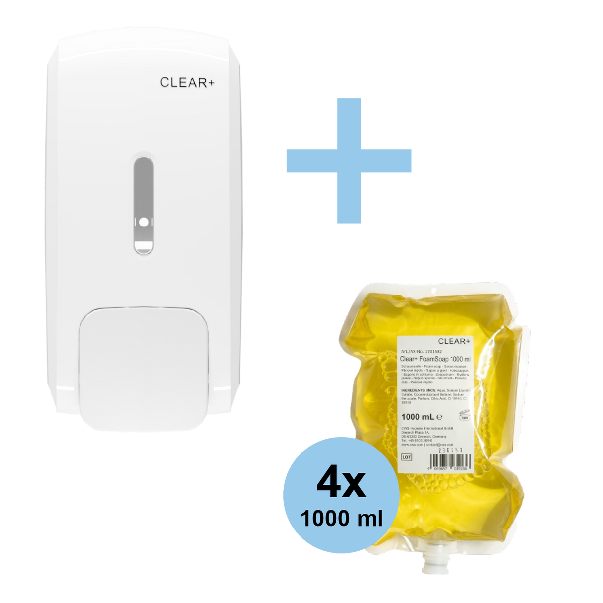 Clear+ Aktionsset Schaumseife | Seifenspender & 4x Schaumseife (je 1.000 ml)