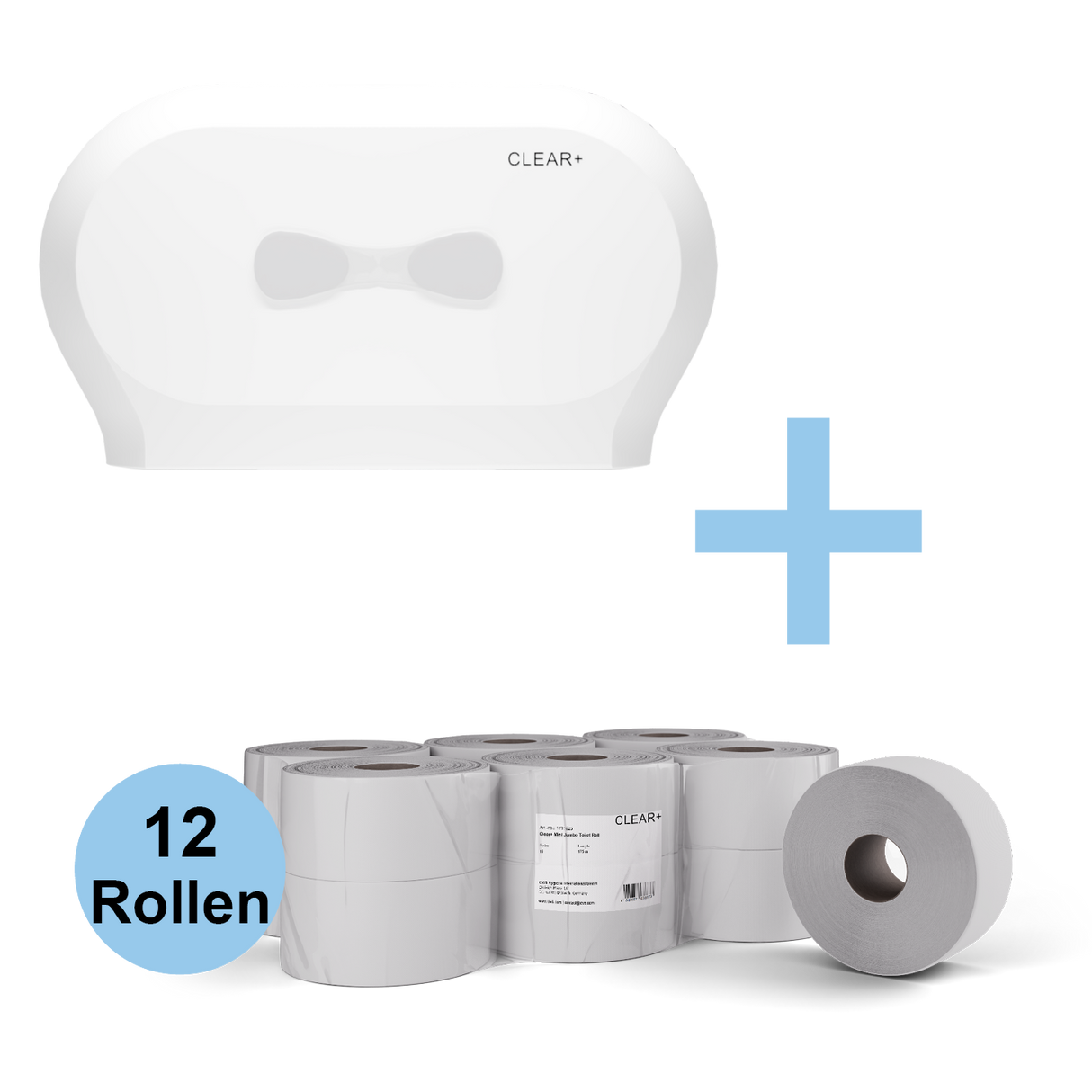 Clear+ Aktionsset Toilettenpapier „Duo“ | Toilettenpapierspender & 12x Toilettenpapier Mini Jumbo-Rollen 175 m, 2-lagig