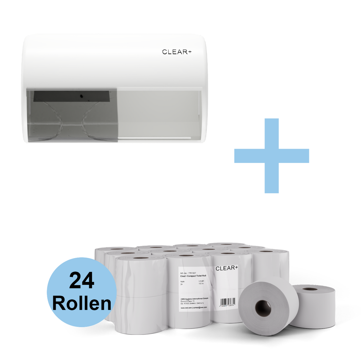 Clear+ Aktionsset Toilettenpapier „Kompakt“ | Toilettenpapierspender & 24x Toilettenpapier Kompakt-Rollen 2-lagig